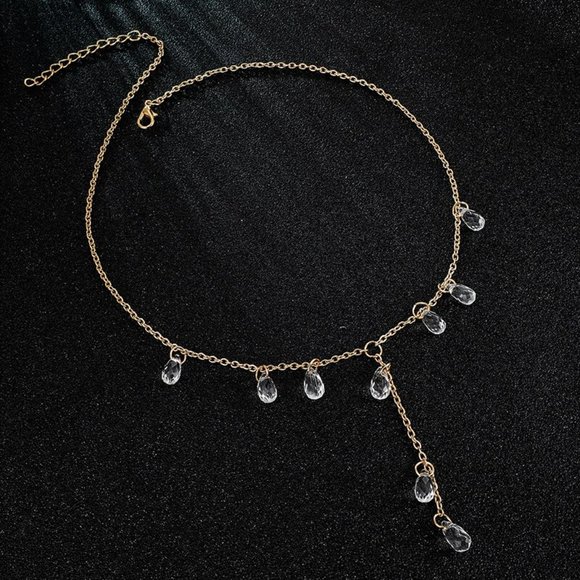 Water Drop Clear Crystal Pendant Gold Strand Necklace - Picture 7 of 8